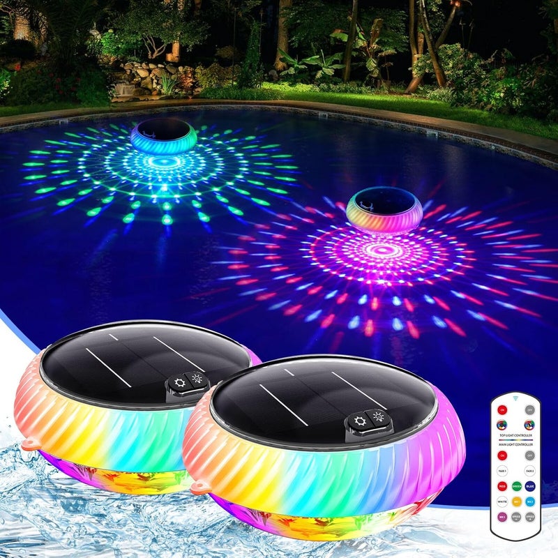 Askyli Floating Pool Lights Solar with Remote, 7.6 Inch RGB Up and Down Color Changing Solar Pool Lights That Float with Dynamic Lighting Effects, Floating Light for Pools, Party, Decor(2) - Image 1